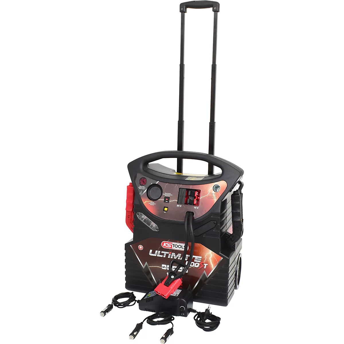 Schwarzes Starthilfegerät mit rotem Kabel und Rollen, Griff ausgezogen. Schriftzug: KS Tools Ultimate Quick Start 12000 T.